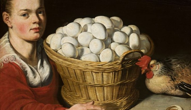 Schilderij van een vrouw naast een man gevuld met witte eieren.